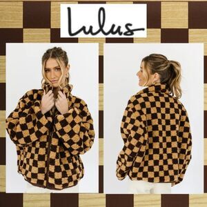 Lulu's Fuzzy Brown Checkered Fleece Jacket (Size L)